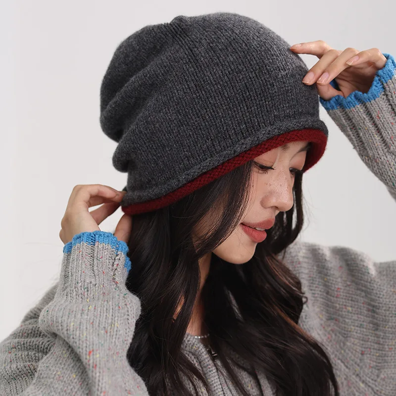 Full Wool Bilateral Wool Hat Japanese Solid Color Simple Crimped Knitted Hat, Ear Protector, Versatile Cold Hat, Headgear.