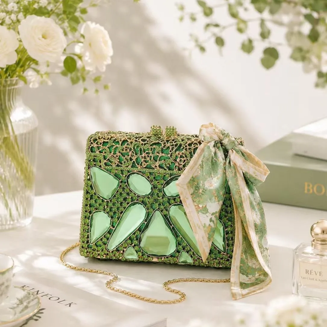 green box clutch bag heavy industry diamond-encrusted metal frame wedding bridesmaid messenger women's bag