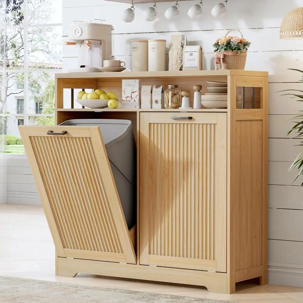 13 Gallon Double Out Trash Can Cabinet with Open Shel & Storage - Pet Proo Hidden Recycling Cabinet & Wooden Laundry Hamper or K