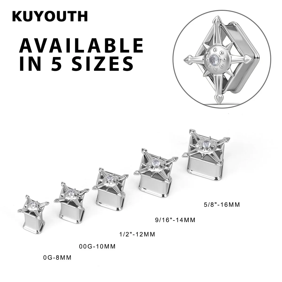 KUYOUTH Punk Geometrische Rauten-Ohrstöpsel mit Zirkon-Einlage, Körperpiercing, Ohrdehner, Tunnel, Expander 8-16mm – Detail 3