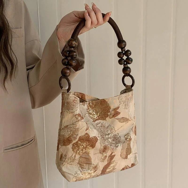 

652F Embroidered Print Flower Handbag for Women Shoulder Bag Casual Underarm Bag with Beads Chain Handle Bucket Purse