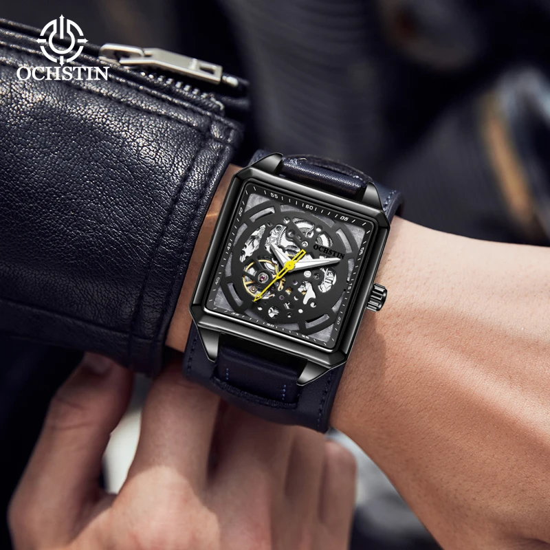 OCHSTIN Hollow Machinery Leather Strap Watches Men's Square Case Luminous Hand Fashion Clock Male Waterproof Business Wristwatch