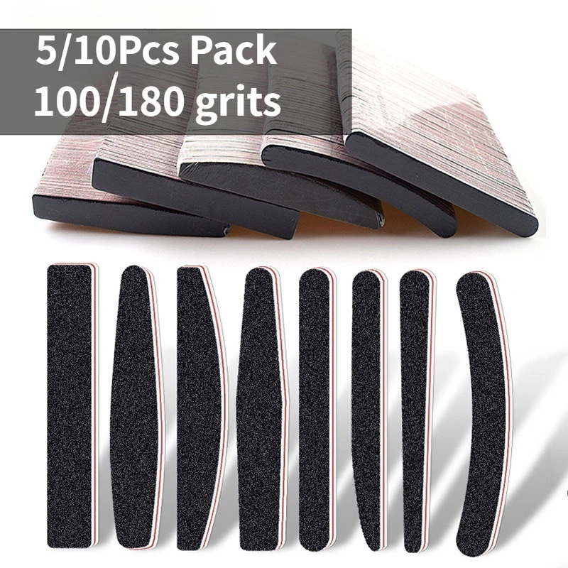 5/10Pcs Black Sanding Strips Nail File 100/180 Grit Double Sided Curved Nail Buffers Professional Manicure Nail Art Tools