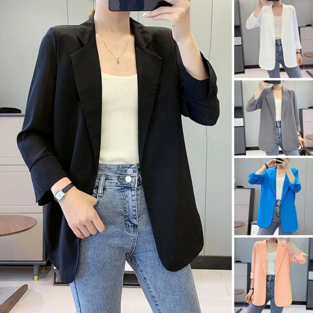 

Women Summer Blazer Solid Color Long Sleeves Lapel Notch Collar Mid Length Anti-UV Straight AD Keep Warm Women Summer Coat Women