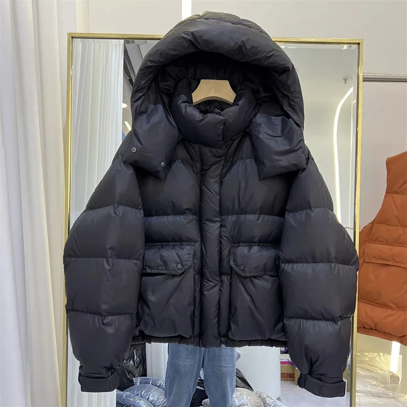 Kurzer Puffer mantel Winter Frauen weiße Enten Daunen jacke Kapuze dicke warme lose Mantel weibliche Parkas Damen Outwear