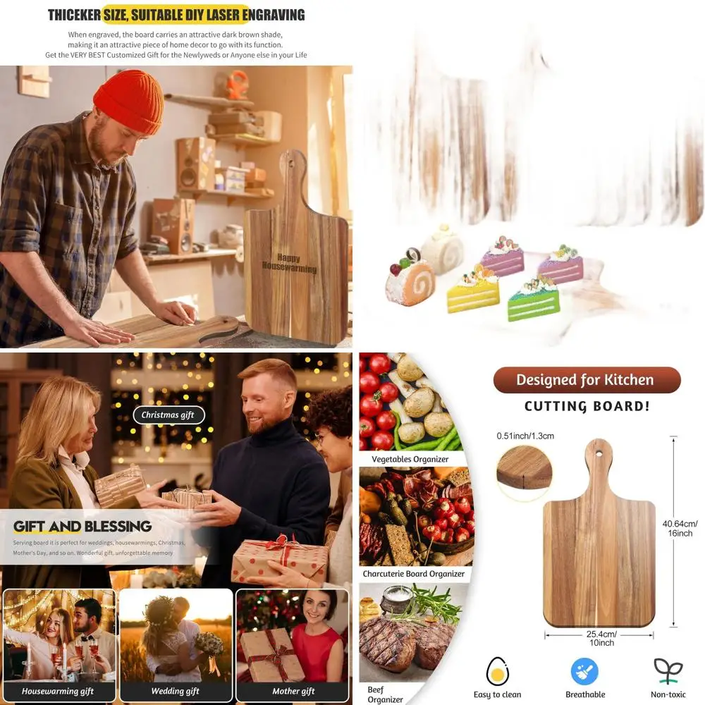 

Set of 6 Acacia Wood Chopping Boards, Thick 16x10 Inches, with Handles for Kitchen Use, Ideal for Engraving and Serving at Weddi