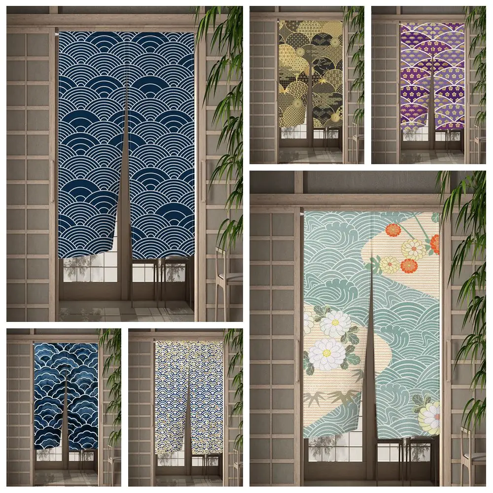 Traditional Japanese Wave Pattern Door Curtain Linen Durable Stylish Bedroom Kitchen Entrance Decor Partition Half Curtain