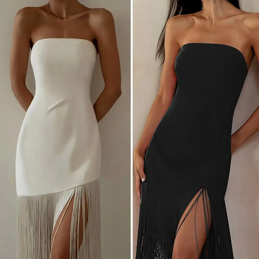 

Women Sexy slim Fringe Tube Top Side Slit Dress 2022 Summer Fashion Solid Sleeveless Off Shoulder Party Dress Holiday Wear