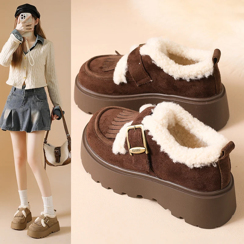 أحذية قطنية عصرية، أحذية بدون كعب دافئة، أحذية فراء قصيرة متعددة الاستخدامات بنعل سميك لزيادة الارتفاع 2652 #2