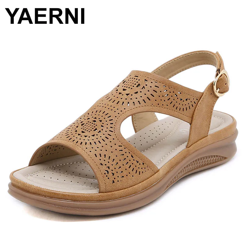 Low Sandals Woman Leather Female Shoe Clogs Wedge Large Size Low-heeled Fashion Girls Platform Big Beige Retro  Comfort Scan