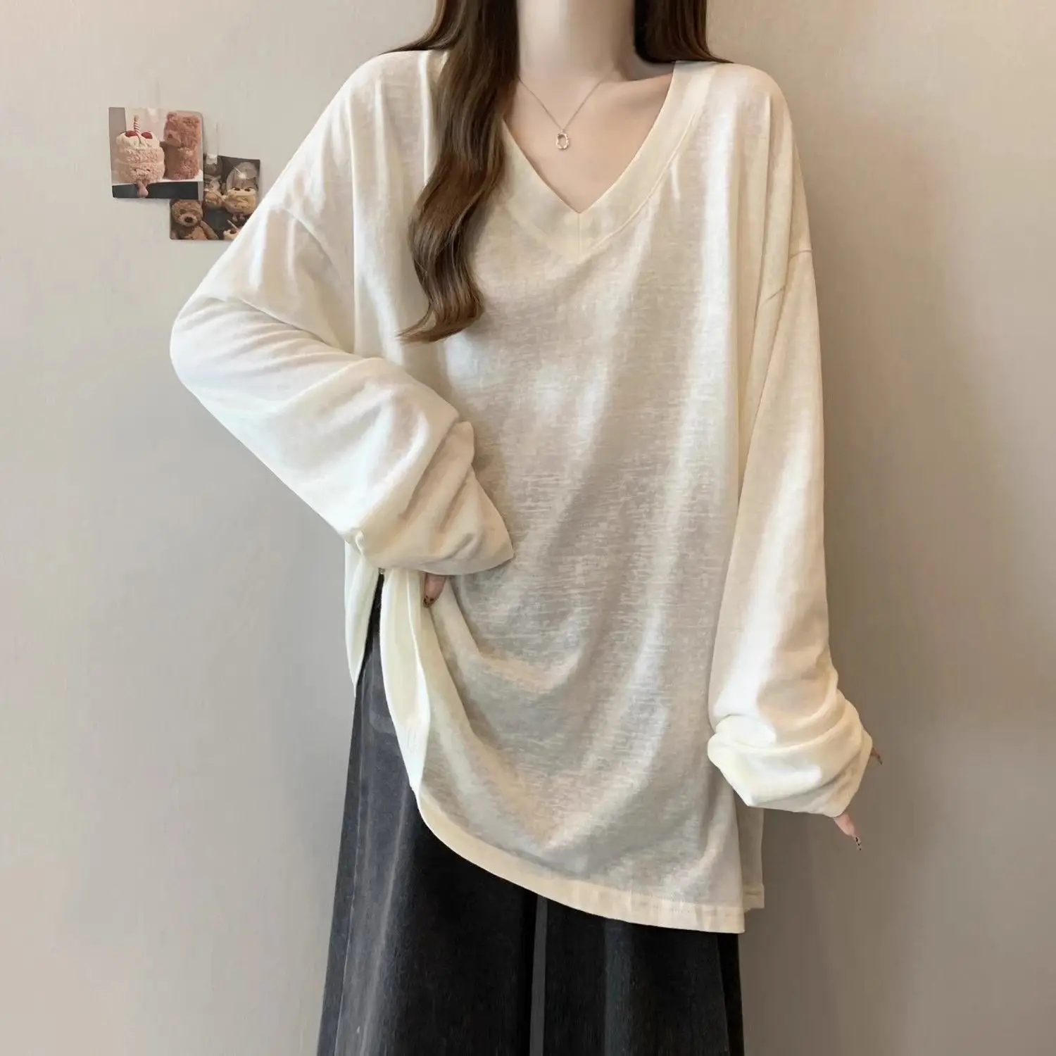 

Fall Women V Neck Long Sleeve T Shirt Breathable Sun Protection Korean Fashion Casual All-match Laid-back 2xl Oversized Tops Tee