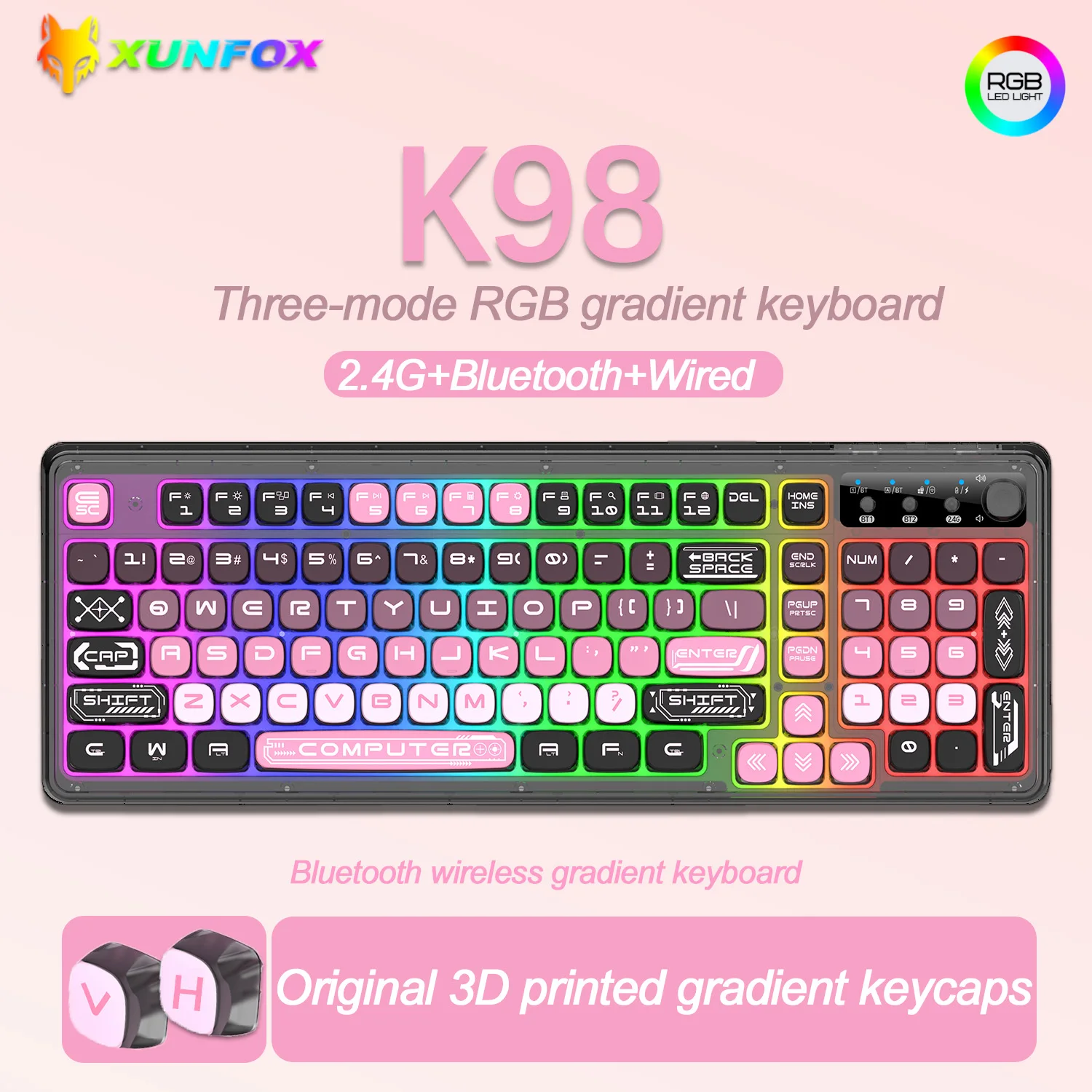 

XUNSVFOX K98 Bluetooth wireless keyboard laptop game office girl RGB light effect gradient e-sports three-mode mechanical feel