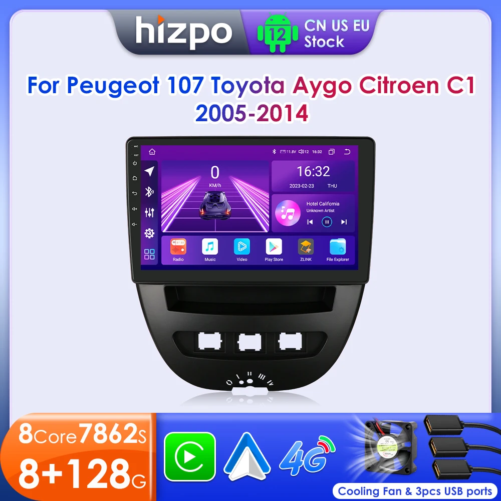 Hizpo Car Radio For Peugeot 107 Toyota Aygo Citroen C1 2005 - 2014 Multimedia Player Wireless CarPlay Android Auto 2 Din WIFI BT