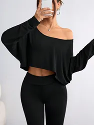 Solid color oblique shoulder loose casual long sleeves Fashion sexy women's T-shirt Spring  short tops-Loose and casual