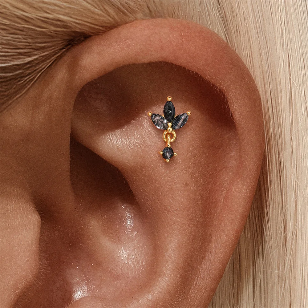 روكسي 925 فضة 1 قطعة هندسية الأسود الكوارتز Rutilated حجر أقراط للنساء 18K الذهب بالتا ثقب المجوهرات