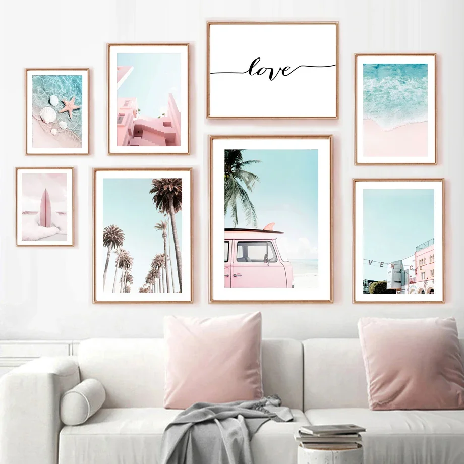 Pink Beach Sea Car Palm Surfboard Shell Wall Art Canvas Painting Nordic Posters And Prints Wall Pictures For Living Room Deco