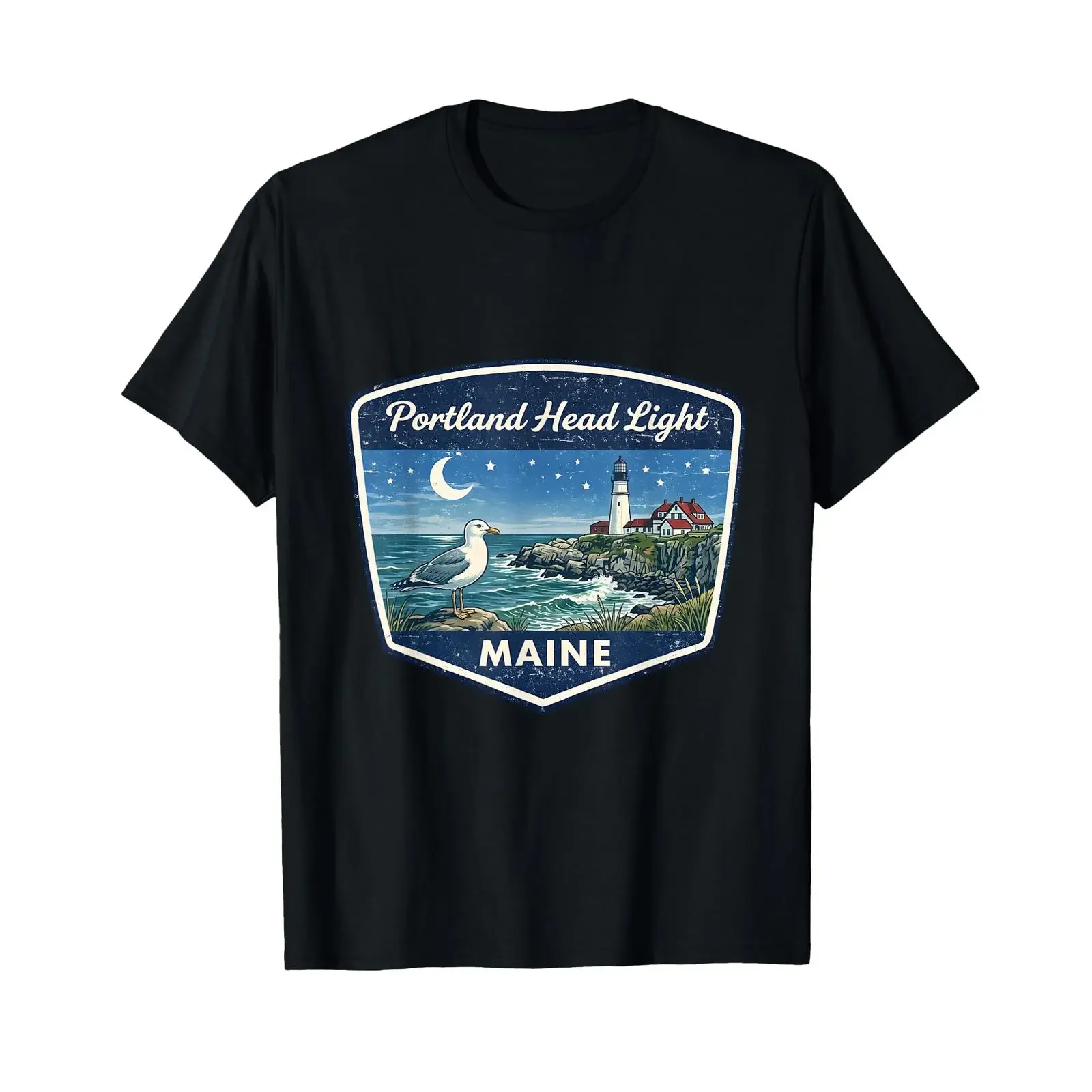 Portland Head Light Maine Lighthouse Coastal Ocean Seagull T Shirt vintage Washed Unisex Stretched streetwear graphic