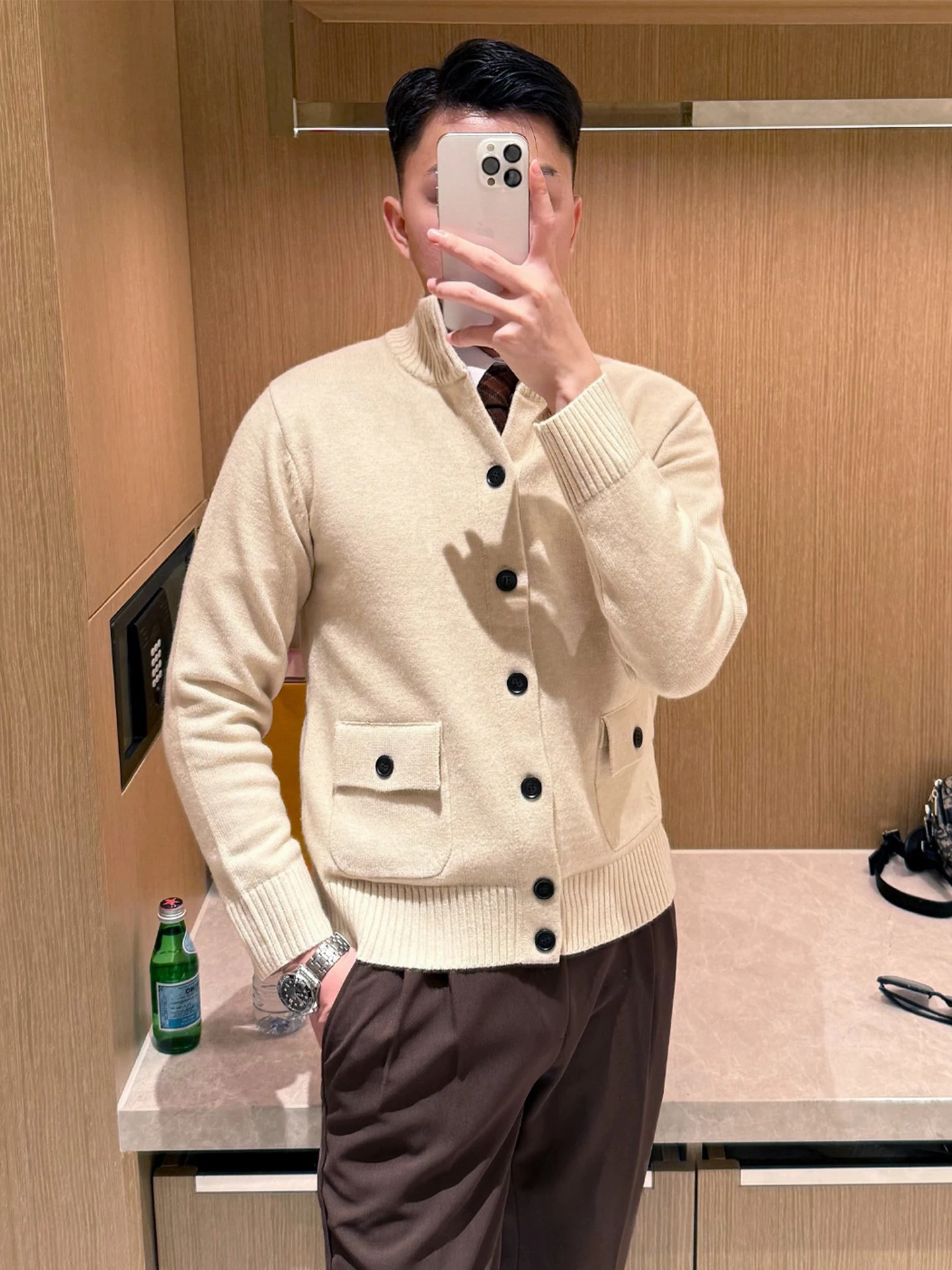 

Retro Briti Gentleman Stand Collar Single Button Knitted Sweater Coat Men's Winter Faion Busin Sle Long Sve Cardigan