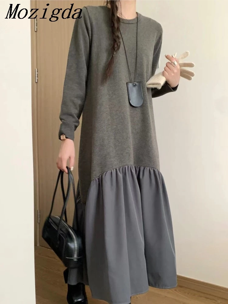 

Autumn Patchwork Solid Long Sleeve O-neck Female Knitted Dress Simple Elegant Casual Laides Dresses Vestido De Festa Longo