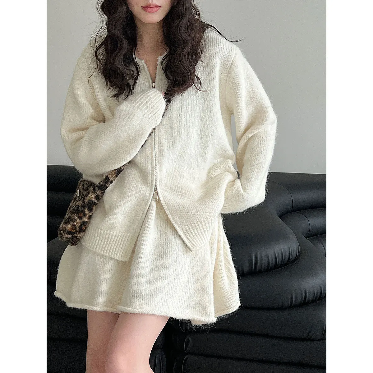 UMI MAO Korean Style Top Soft Casual Knitted Sweater Set For Women Winter New Rolled Hem A-Line Short Skirt Two-Piece Set