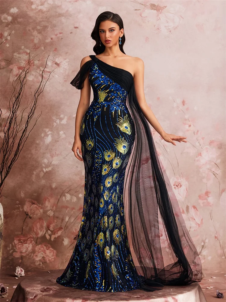 BLUEPLUM Elegant Shoulder slant Splice Sequins Formal Evening Dresses Sleeveless Mermaid Luxury Party Streamer Cocktail Gowns