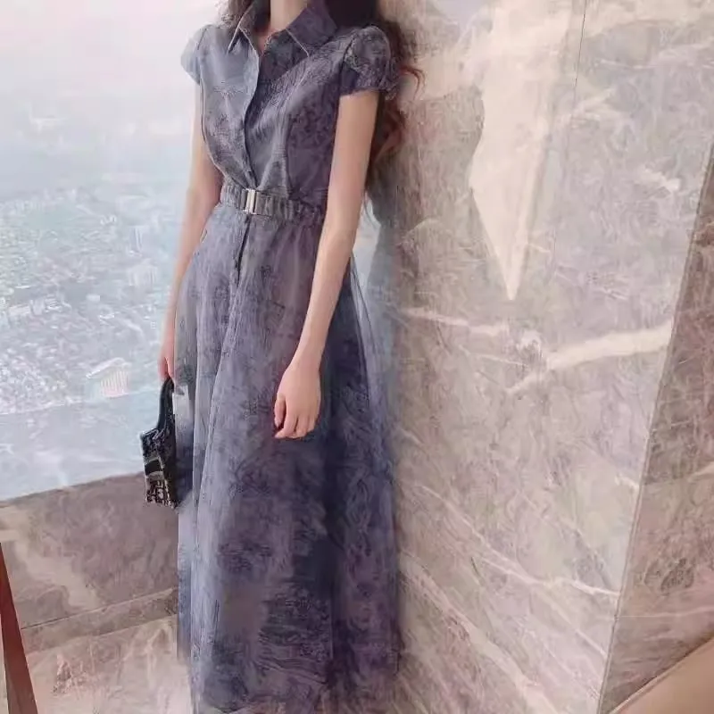 Neploe Korean Chic Vintage Temperamen Vestidos Women Niche Lapel Single-Breasted Designed Robes Ink Smudged Mesh Patching Dress