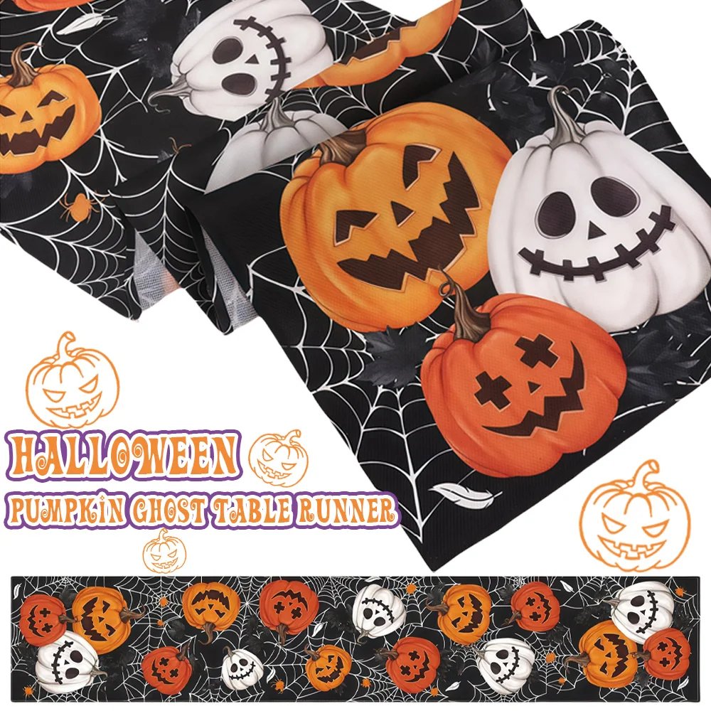 

Halloween Pumpkin Ghost Table Runner – Spider Web Tablecloth for Home Party Decor, Dining Room & Kitchen