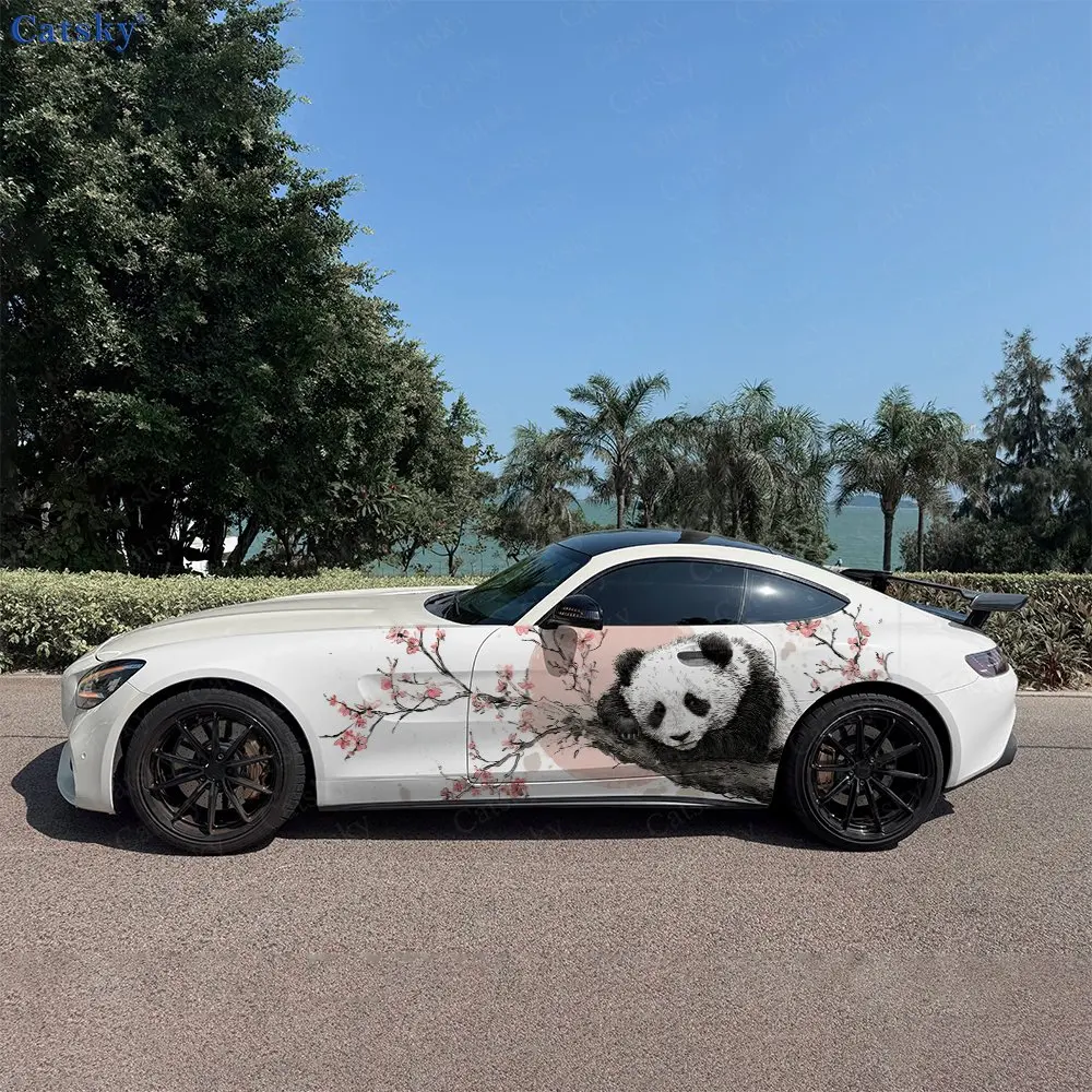 

Pink Cherry Blossom Branch Panda Car Side Wraps, Self-Adhesive PVC Waterproof & Scratch-Resistant Stickers, Car Accessory Gift