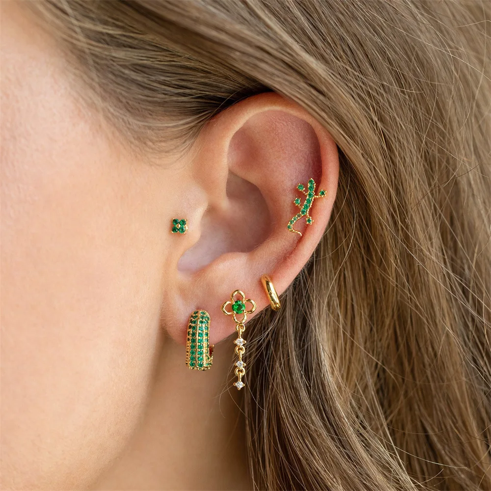 1PC Stainless Steel Green Crystal Zirconia Small Hoop Earrings for Women Unique Ear Studs Earrings Cartilage Piercing Jewelry
