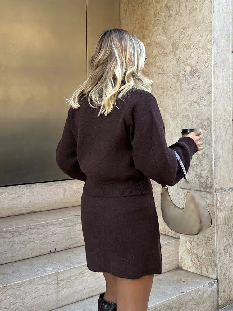 HH Women's Fashion Skirt Suit O-Neck Knitted Long Sleeve Single Breasted Pocket Cardigan+Chic Elastic Waist Slim Mini Skirts