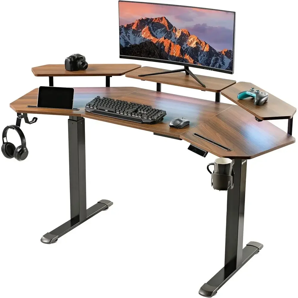 Electric Dual Motor Adjustable Height Gaming Desk, 63 Wing-Shaped with LED Stands and Mouse Pad, Walnut Finish