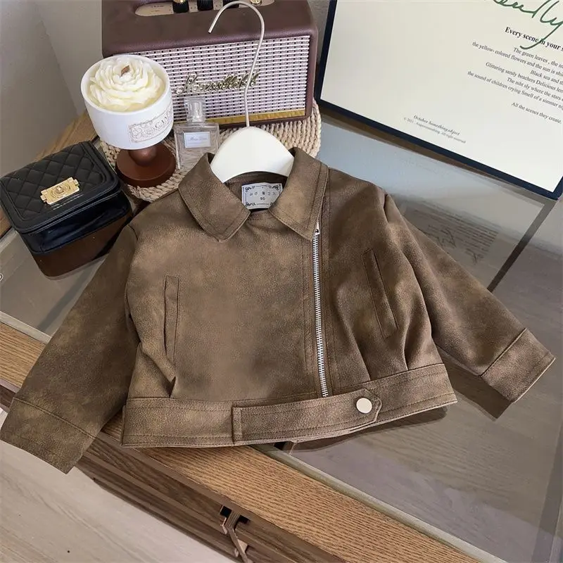 Children\'s Coats Korean Version Leather Jacket Vintage Biker Wear with Loose Lapels for Kids Baby Girl Winter Clothes
