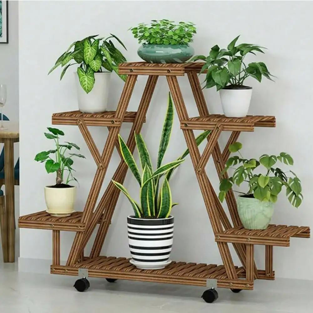 6 Tier Mobile Wood Plant Stand Sturdy Triangle Flower Rack 360° Detachable Wheel