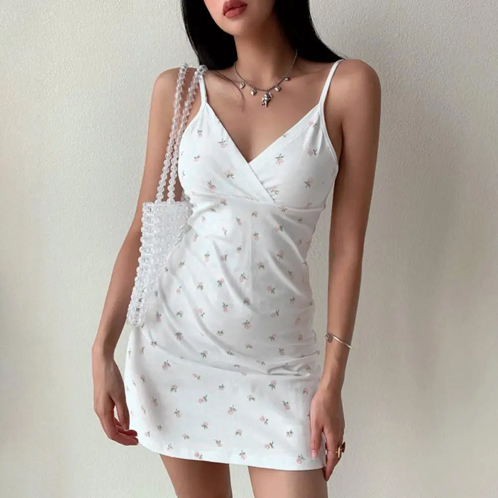 

Sling Dress Floral Print V-neck Mini Dress for Women Sleeveless High Waist Party Dress Slim Fit Streetwear Summer