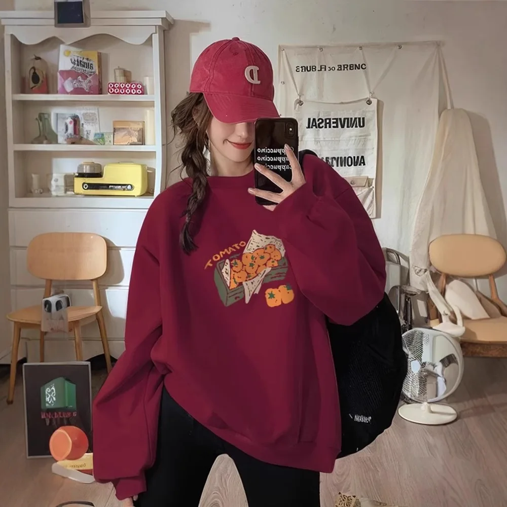 Sweater Women Sweatshirt 2025 Autumn Winter New Women's Loose Round Neck Sweatshirt Fleece Lined Thickened American Pullover Top