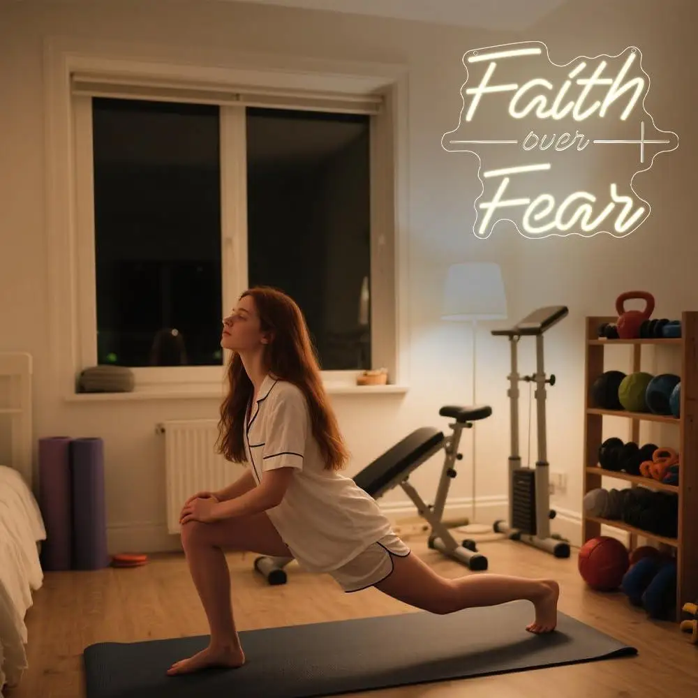 Faith Over Fear Neon Sign USB Dimmable LED Light for Bedroom Club Party Man Cave Christian Aesthetic Decor Gifts Night Light