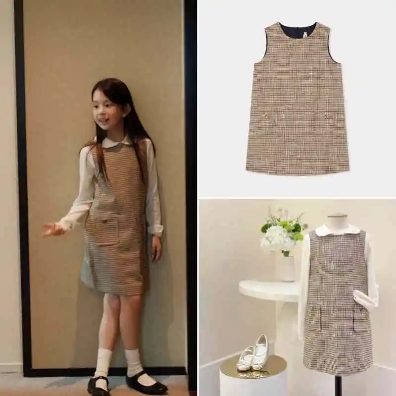 2025 Autumn BP Baby Girls Plaid Khaki Dress Vest Dresses for Birthday Girls Elegant Plaid Clothing