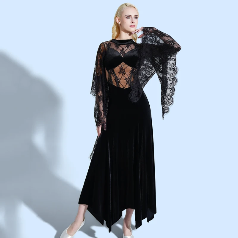 2026 Ballroom Dance Competition Dress Waltz Modern Dancing Dress Women Lace Sleeves Velvet Latin Dance Performance Wear SL15284