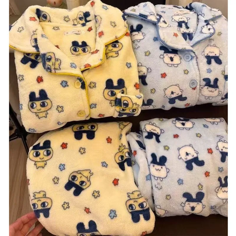 

Kawaii Tamagotchii Flannel Pajama Set Cute Full Print Mimiji Tama Long Sleeves Cardigan Pajamas Pants For Woman And Man Couple