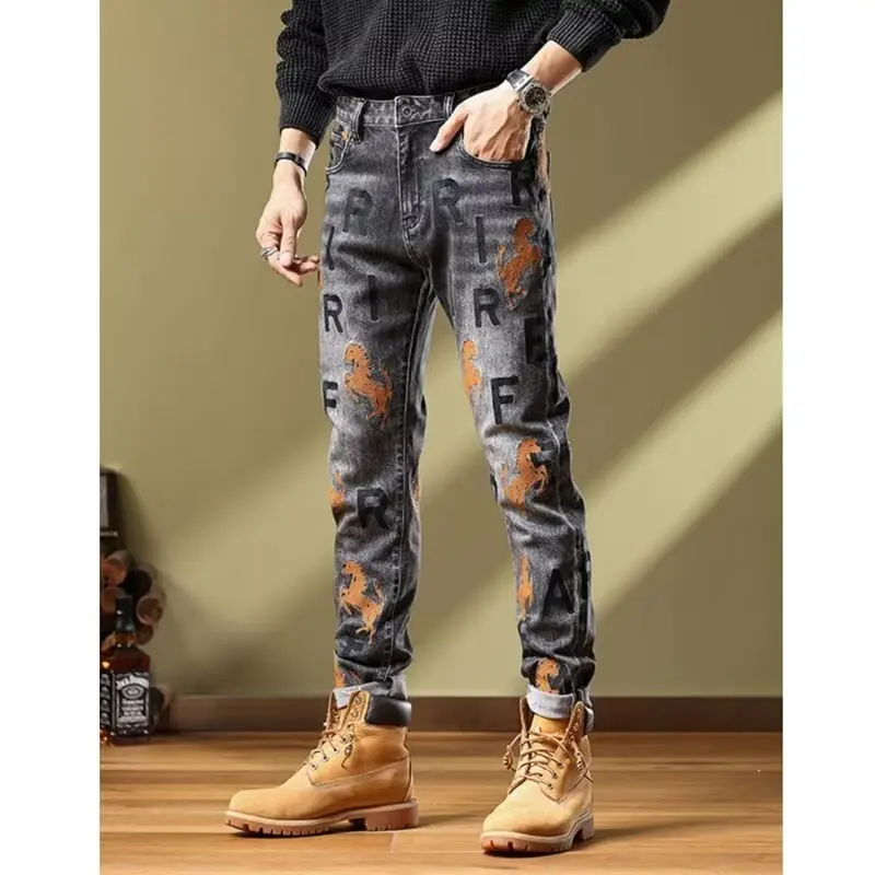 Slim Fit Denim Hip Hop Trousers Stretch Mens Jeans Letters Printing Jeans Men Casual Slim Fit Trousers Denim Printed Jeans Pants