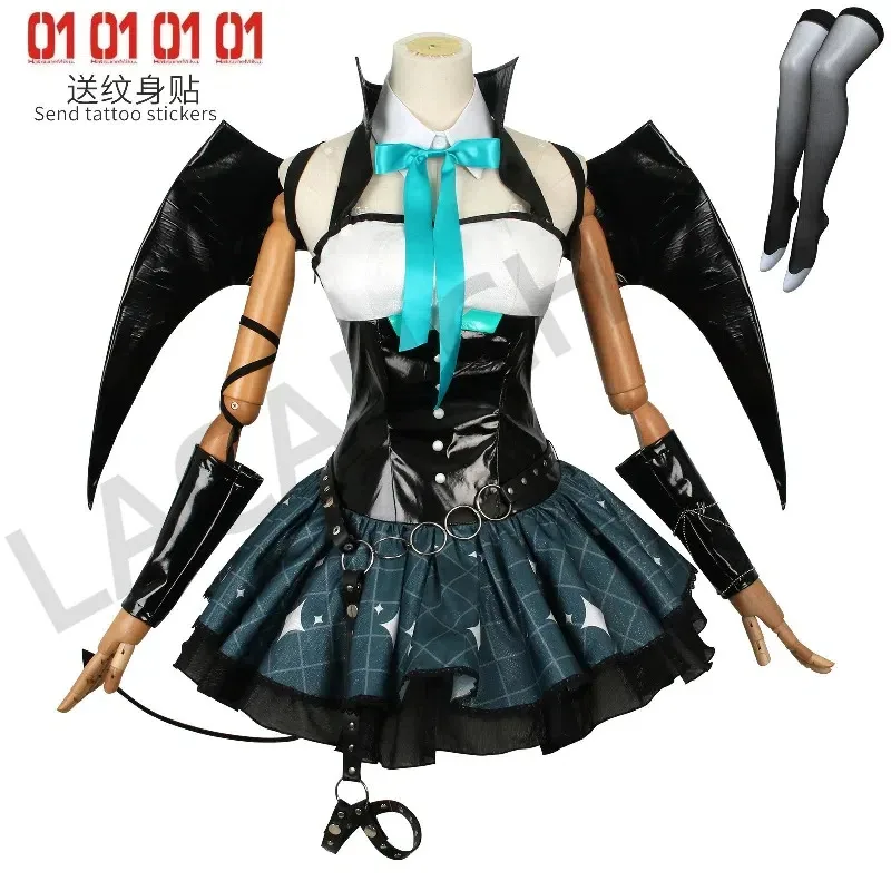 ホットセクシーなデーモンミクコスプレ衣装アニメ悪魔初音ミクコスプレ制服ドレスウィッグ羽スーツ角付き尻尾ハロウィンパーティー