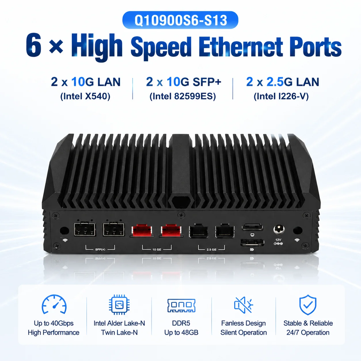 QOTOM Q10900S6 10GbE Firewall Router Mini PC N100 N150 X7425E 2x X540 10G LAN 2x 2.5G LAN AES-NI VPN Server