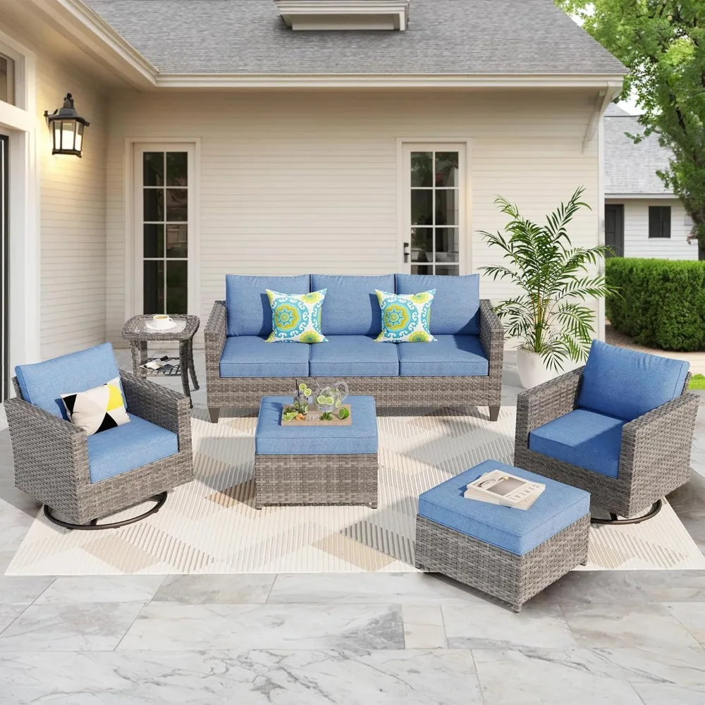 

6 Piece Outdoor Wicker Sofa with Swivel Rocking Chairs and Comfy Cushions, High Back Rattan Couch Conversation Set, Denim Blue