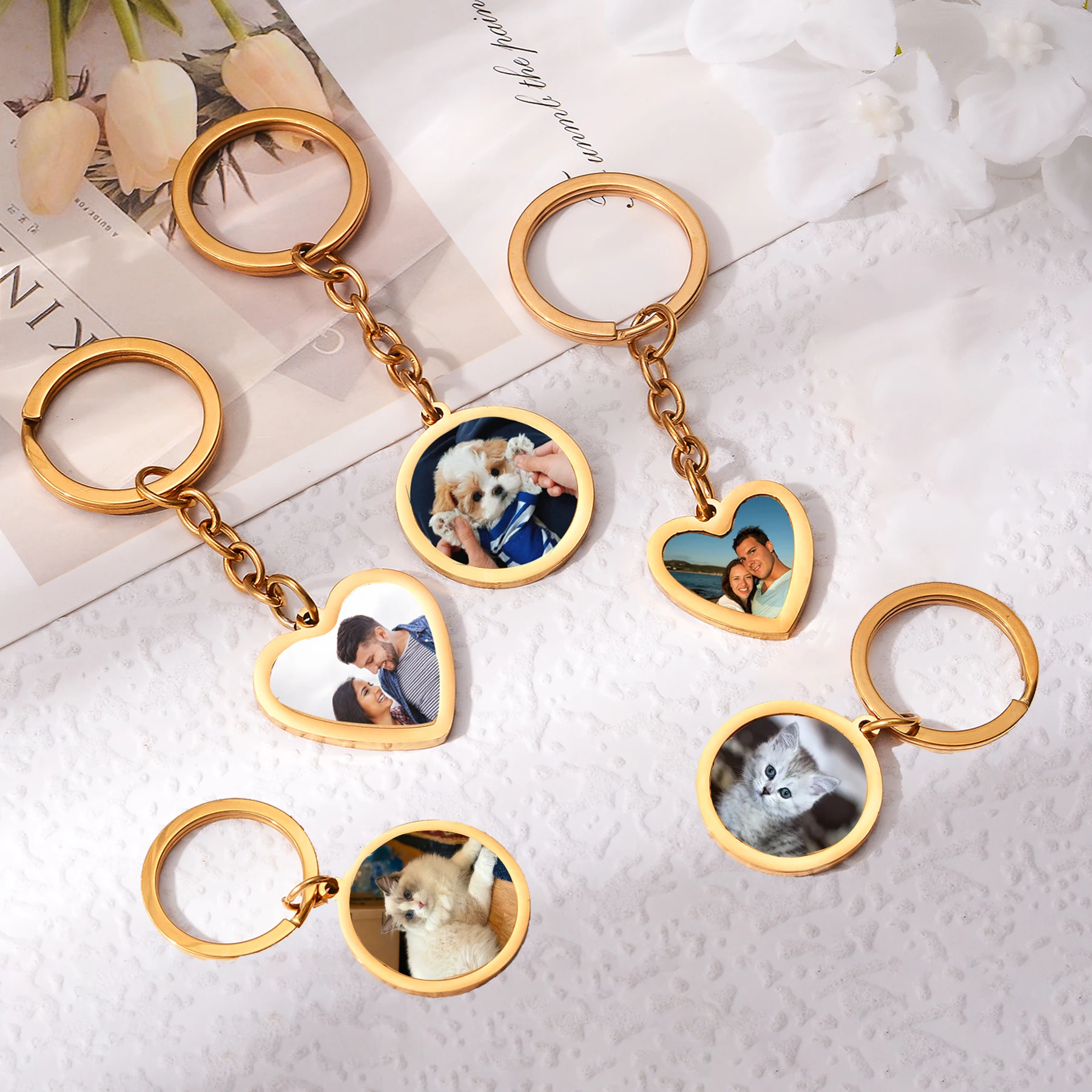 

1Piece Fashion Stainless Steel Customized Key Chain Heart Round Pendant Personalized Photo Keyring Souvenir Gift