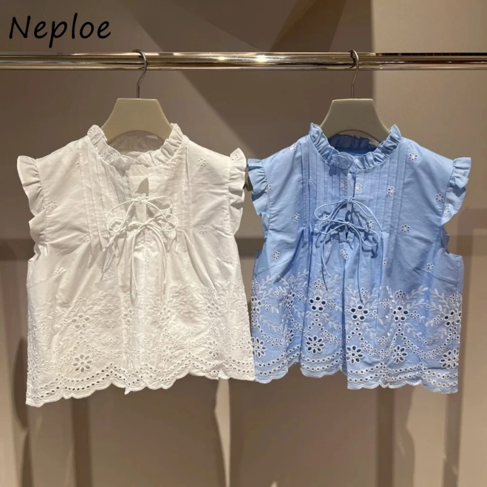 

Neploe Solid Hollow Out Sleeveless Sweet Shirt New Moda Heavy Embroidery Western Blouses Japan Bow Fungus Lace Up Fresh Blusas