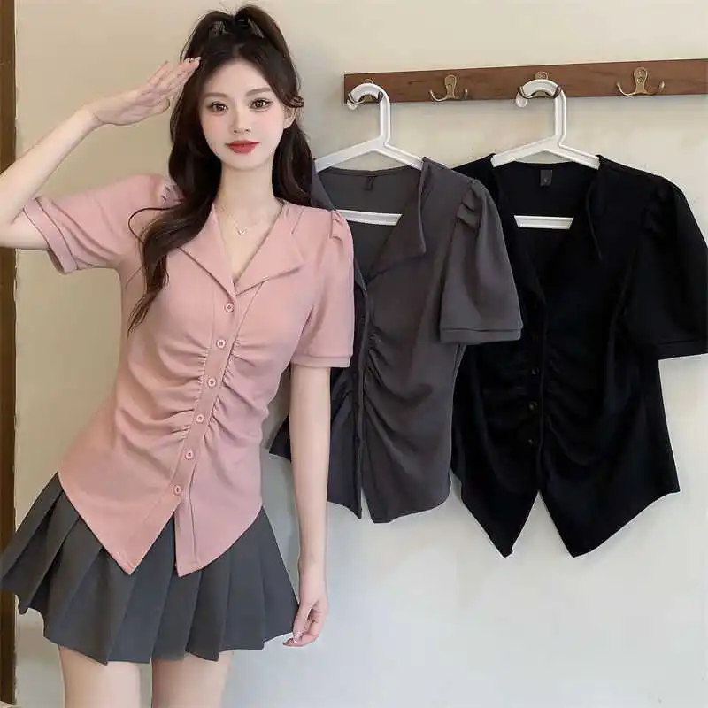 

Футболка Sweet Non-Conformist Button ort Sve Женская модная корейская футболка Slim Fit irt из полиэстера Лето Ne...