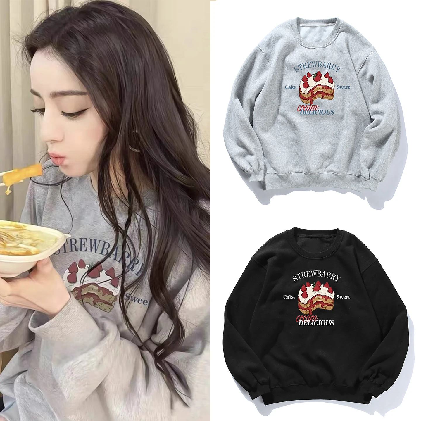 

Свободный повседневный свитшот с капюшоном, на флисовой подкладке, для пар, в корейском стиле, с принтом «Кейк», с длинными рукавами, круглым вырезом, эластичный