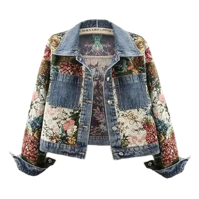 2024 Lente Herfst Nieuwe Print Korte Denim Jas Vrouwen Mode Losse Vrijetijdsjas Patchwork Knoop Vintage Bovenkleding Dames