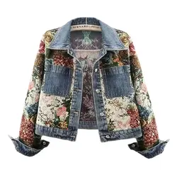 2024 Spring Autumn New Printing Short Denim Jacket Women Fashion Loose Leisure Coat Patchwork Button Vintage Outerwear Female