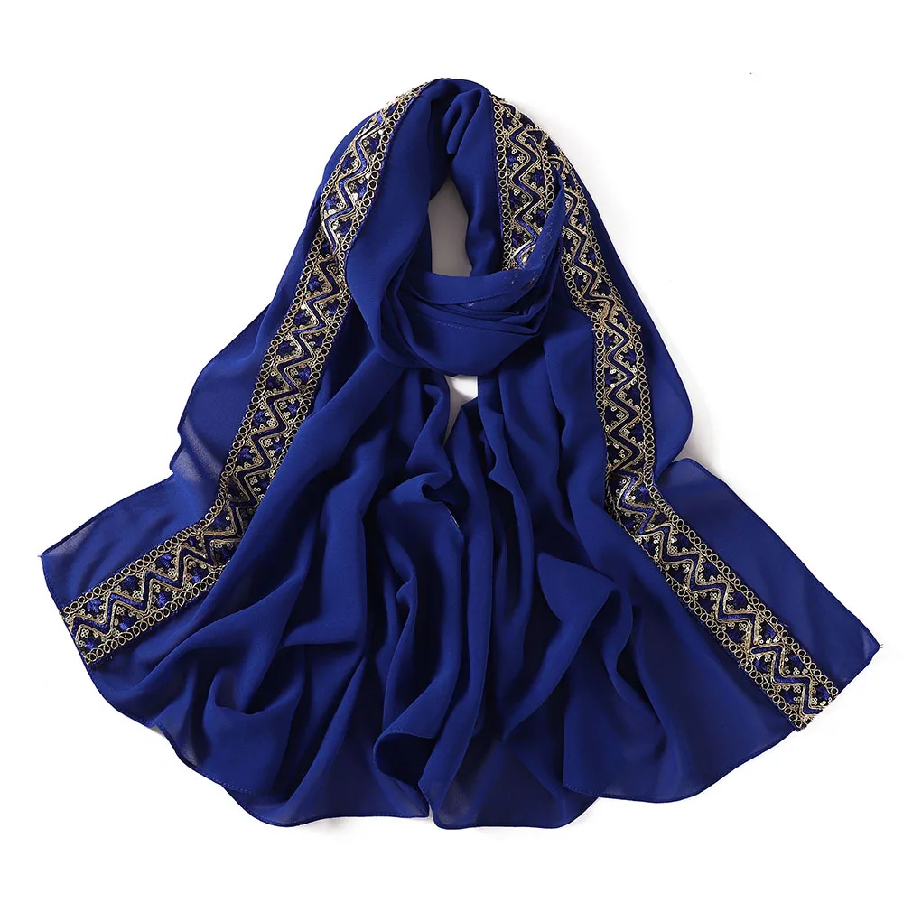 New Pearl Chiffon Embroidered Sequine Headscarf Malay Indonesian Fashion Lace Women Scarf Muslim Hijab Turban Shawls Wrap Stole